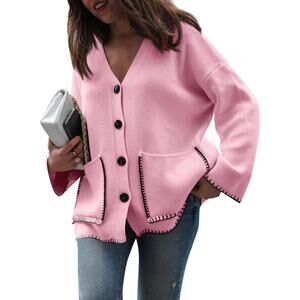 New Medium Button Down Cardigan with Contrasting Stitching and Pockets